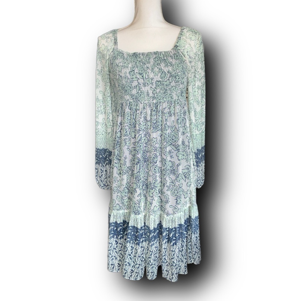 Maison Tara Blue and Green Long Sleeve Dress Boho Cottagecore Prairiecore Vibes